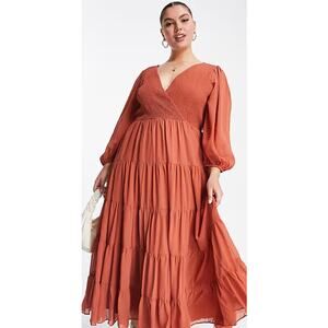 ASOS Curve Rust Tiered Maxi Dress | UK 22 / US 18 | Long Sleeve Wrap V-Neck NWT